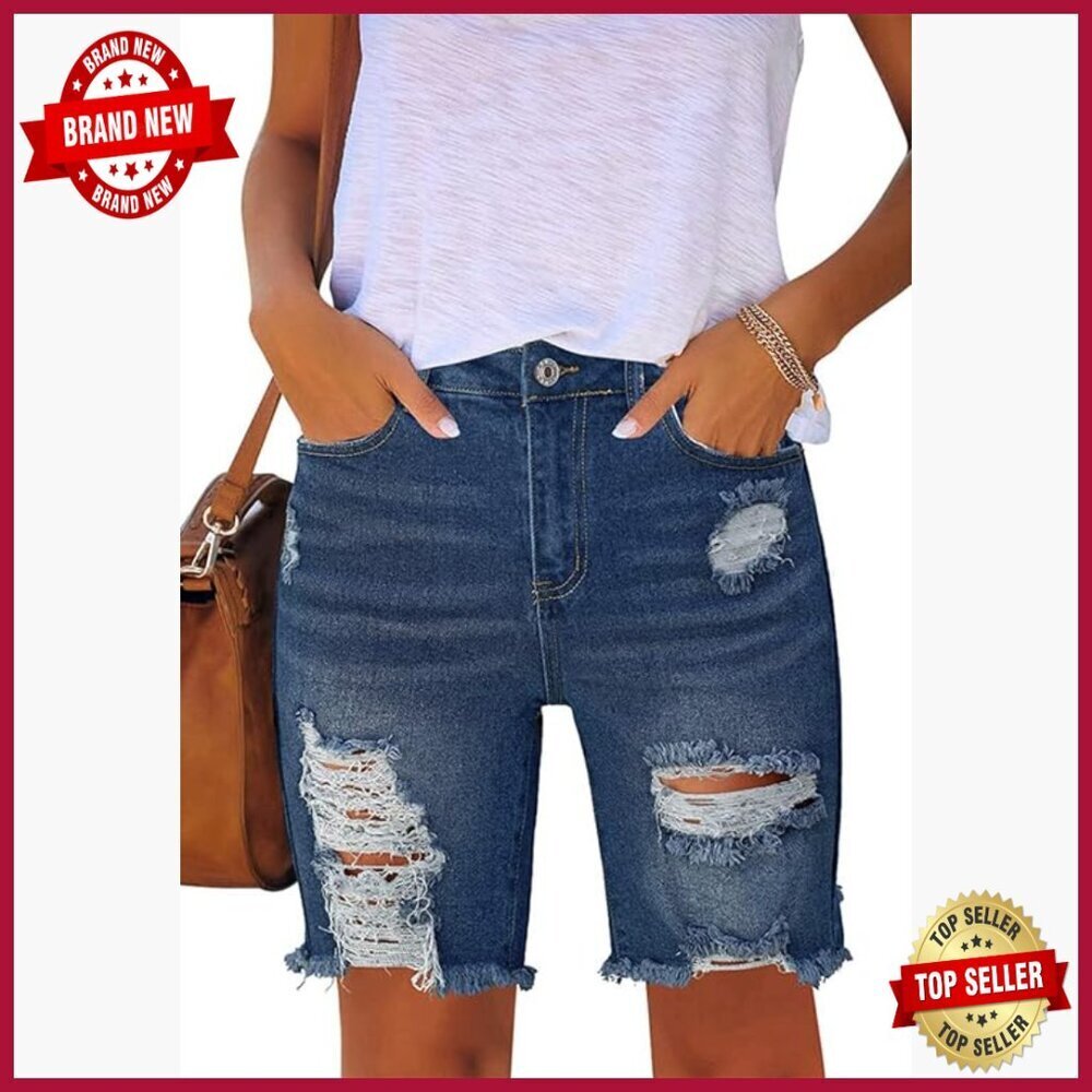 Women's Ripped Mid-Rise Denim Bermuda Shorts Stretch Frayed Hem